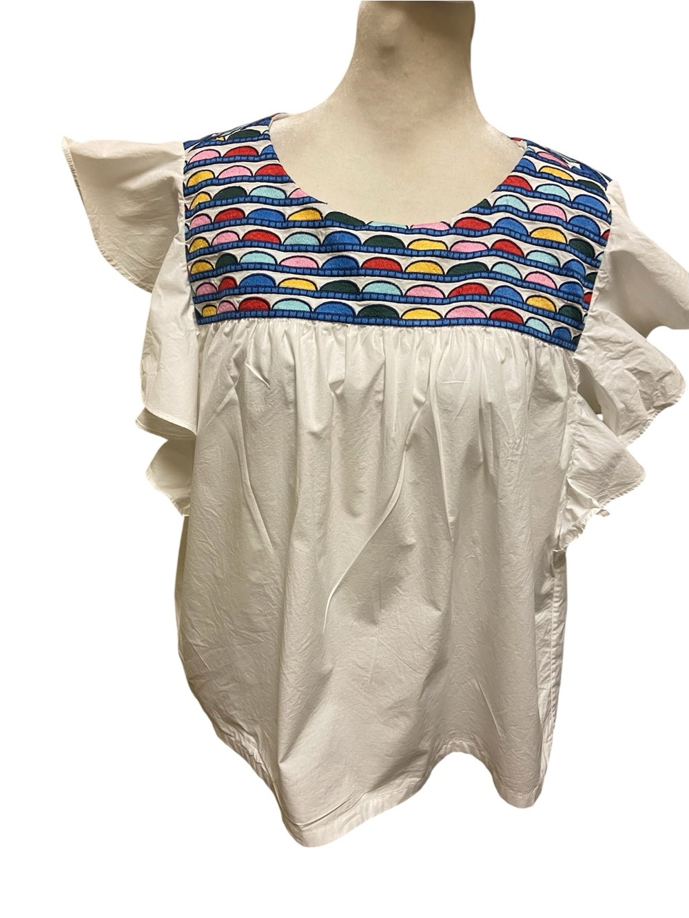 WHIT TWO Anthropologie Embroidered Flutter Sleeve Top White Rainbow Yoke Size LP - Picture 6 of 16